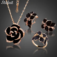 Mode Rose Blume Emaille Schmuck-Set Rose Gold Farbe Schwarz Malerei Braut Schmuck Sets für Frauen Hochzeit 82606