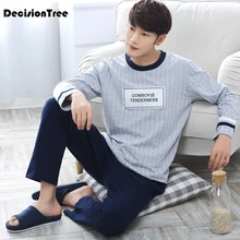 Мужской пижамный комплект с длинным рукавом, хлопковые мужские пижамы с рисунком, полосатые пижамы плюс, повседневная одежда для сна