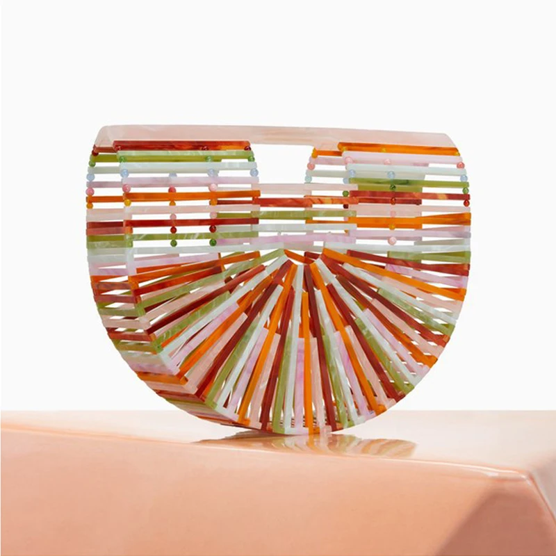 

2018 Acrylic Holiday Beach Chic Summer Half Round Beach Bag Basket Plastic Hollow Bolso Transparent Tote Defected Bag Sales