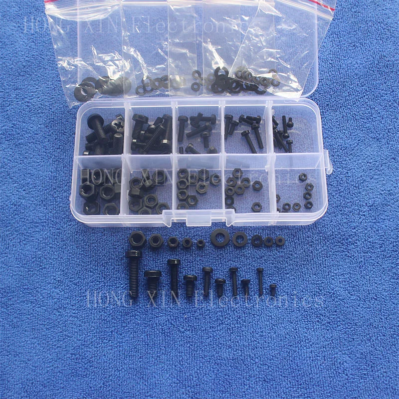 150Pcs M2 M2.5 M3 M4 M5 Nylon Hex Screw Bolt Nut Standoff Spacer Assortment Kit Black washer Plastic Nut