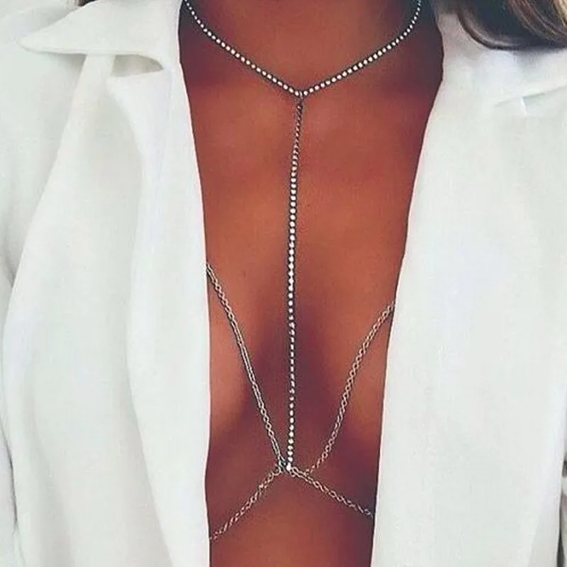 

2018 Hot Women's Sexy Shiny Rhinestone Body Chains metal Chest Chain summer Beach Bikini Waist Chain Body Jewelry Necklace gift
