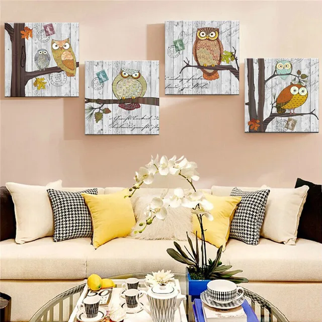 Lovely Owl 4 Panels Wall Art Canvas Paintings Decorations For Lovely Owl 4 Panels Wall Art Canvas Paintings Decorations For Living Room Home Artwork Giclee