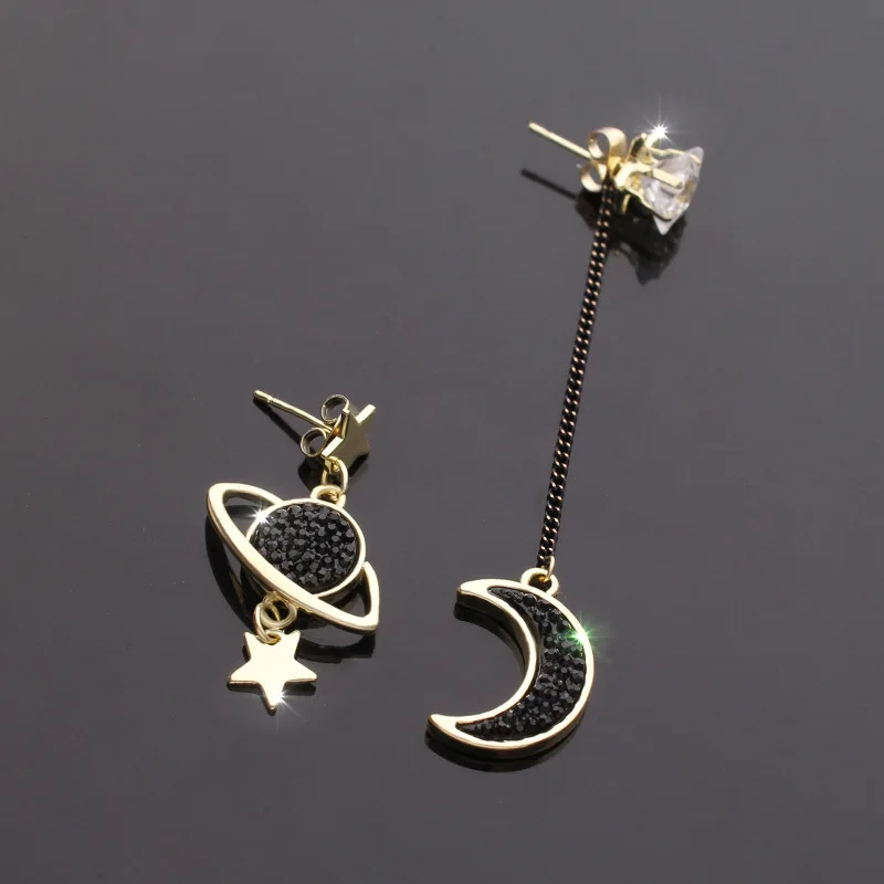 

New Gold Color Asymmetrical Star Moon Earrings Fashion Korean Long Black Crystal Earrings Jewelry For Women