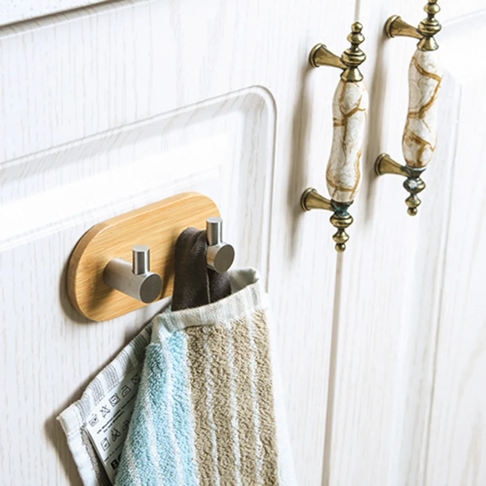 Натуральный Бамбук Деревянные Нержавеющая сталь крюк клеящиеся настенные одежда сумка для наушников ключ Вешалка дверь кухни, ванной Полотенца полка#5T