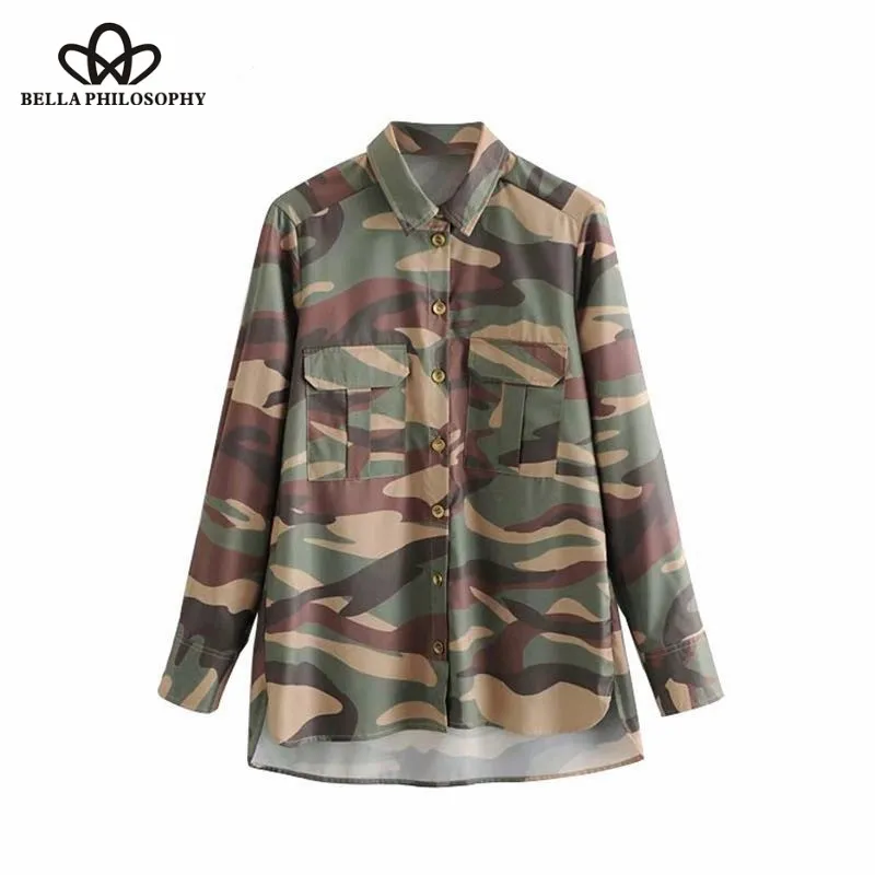 Wonder 2018 new autumn amouflage printing casual loose smock blouse shirt women long sleeve chic blusas pockets femininas tops