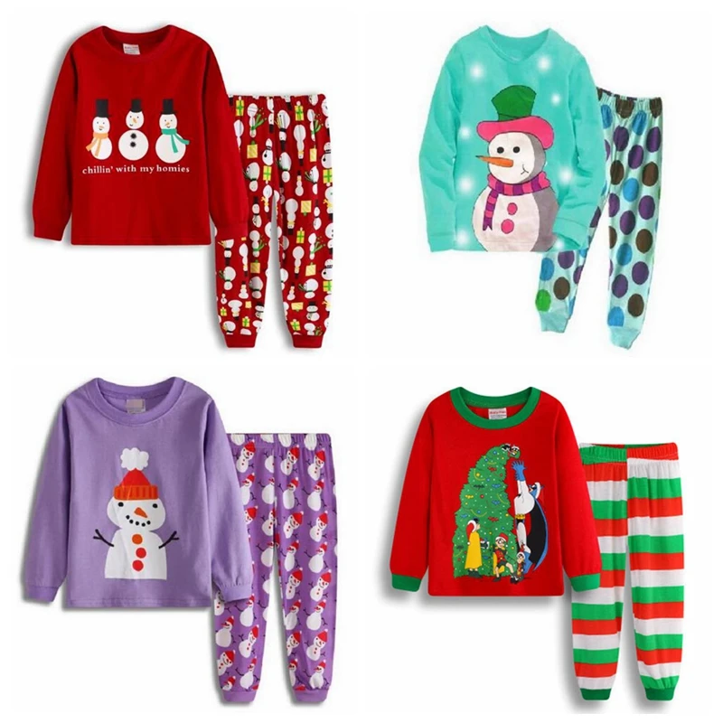 New Boys Christmas Pajamas 100% Cotton Children Red Santa T-Shirt Green White Striped Trouser Girls Sleepwear Tree Clothes | Детская