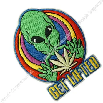 

Get Lifted Pot Leaf Alien UFO Hippie Embroidered Punk Rock applique iron-on patch Wholesale Free Shipping