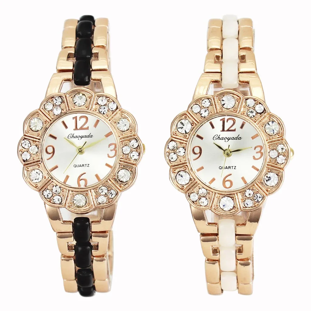 

Flower Case Rose Gold Women Charm Bracelet Watches Female Steel Hand Necklace Chain Wrist Quartz Hour Watch