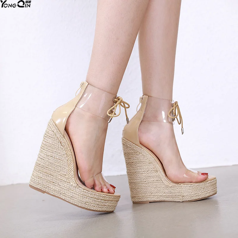 

European Transparent Wedge high heel sandals peep toe women sandals shoes