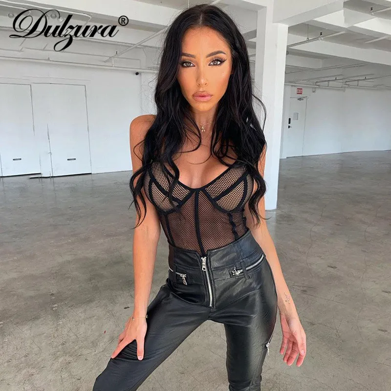 

Dulzura 2019 summer women bodysuit streetwear mesh sexy one piece party club clothes body rompers patchwork strap backless