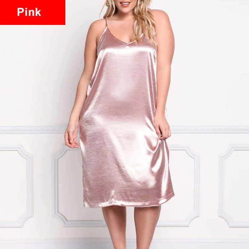 ShameAll размера плюс, без рукавов, глубокий v-образный вырез, атласное сексуальное платье-комбинация, женская пижама, платье до середины икры, глянцевое вечернее черное платье - Цвет: Pink