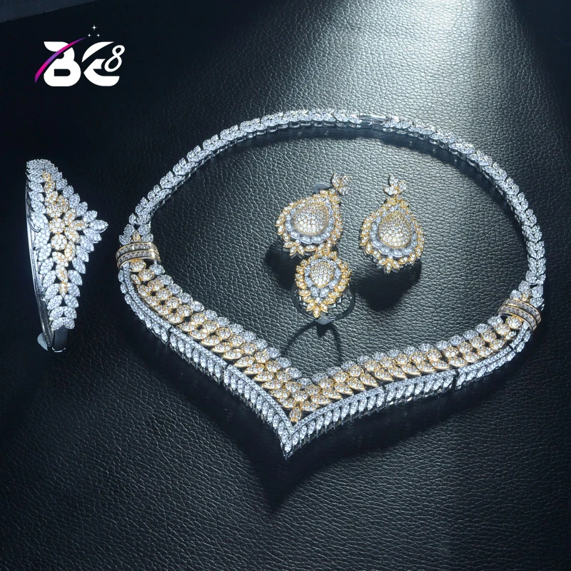 

Be 8 Luxury AAA Zircons Bridal Jewelry Set Wedding 4pcs Necklace Earrings Ring and Bracelet Engagement Party 2 Tones Women S313