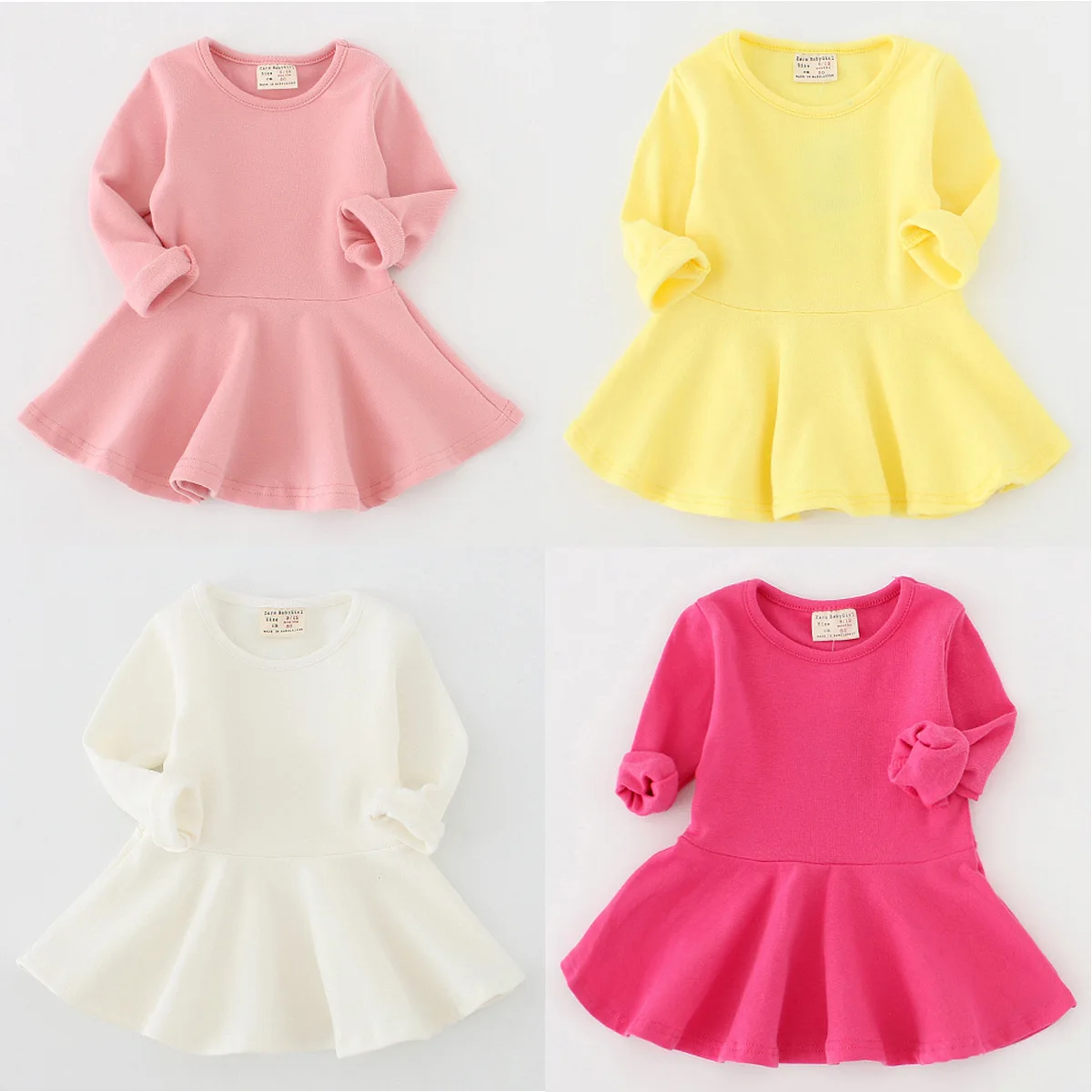 Новые платья для маленьких девочек весенне-осеннее платье ярких цветов с длинными рукавами для малышей Детская одежда для девочек платье принцессы с круглым вырезом и оборками