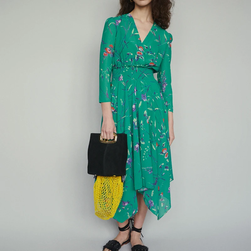 

Women Dress 2019 summer Irregular Slim Floral Print green V-neck Dress