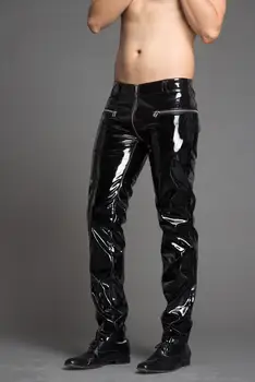 

2019 new catwalk models bright leather zipper leather pants European and American personality tide men's leather pants