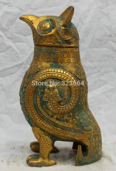 

11" Folk Chinese Dynasty Palace Old Bronze Gilt Owl Head Statue Bird Sculpture