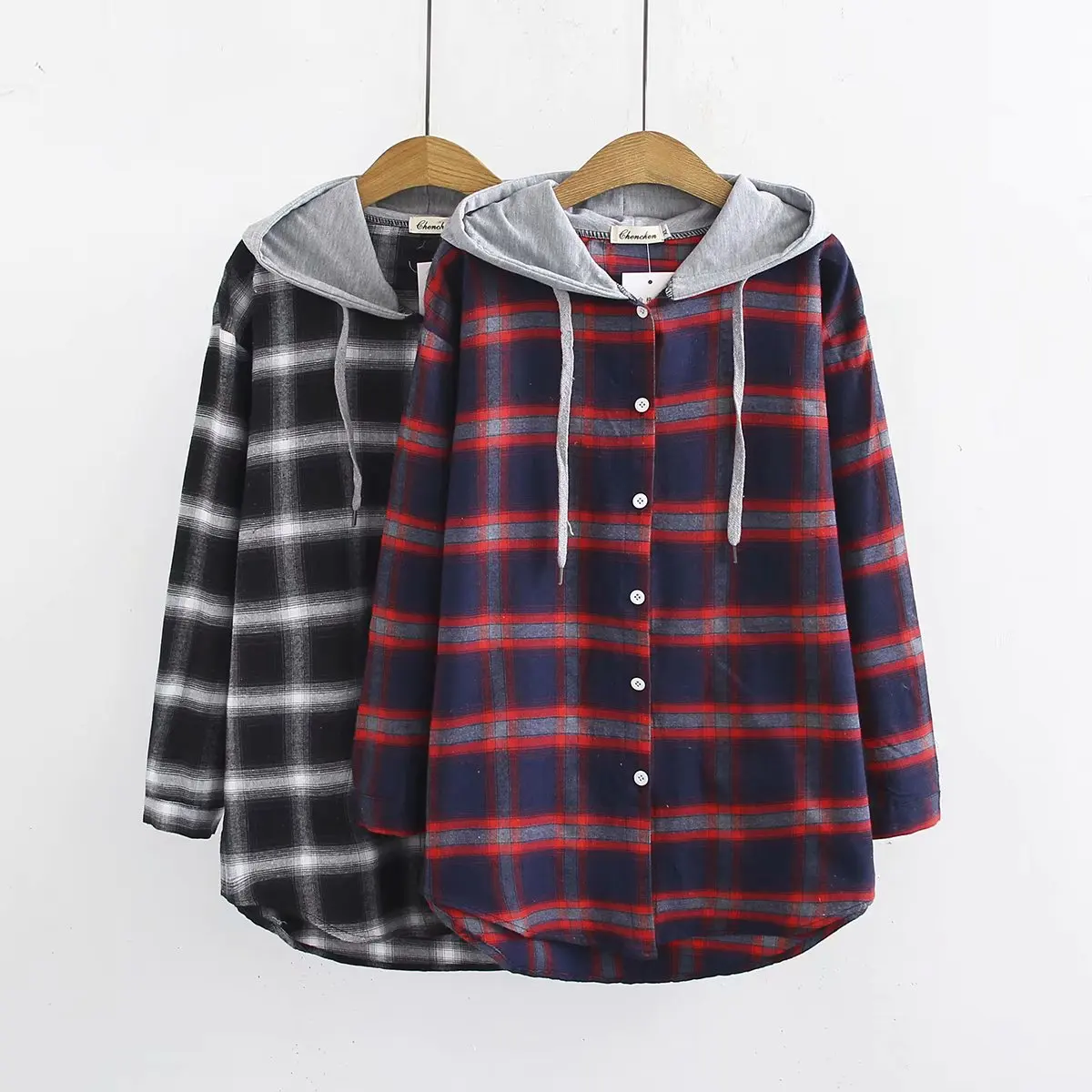 

Fall Winter New 2018 Casual Plaid Hat Shirt Plus Size Tops Hooded Coat Womens Clothing Women Long Sleeve Shirts