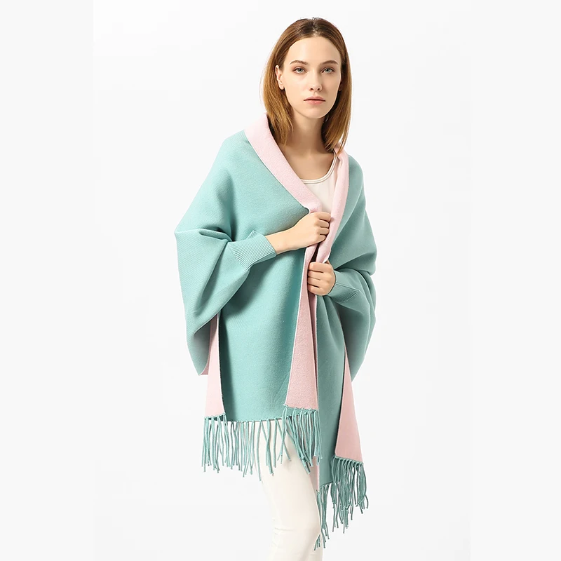 Solid Knit Women Capes Ponchos Elegant Tassels Batwing Sleeve Two Tone Scarf Shawl Outwear Female Capes Spring Cape Poncho