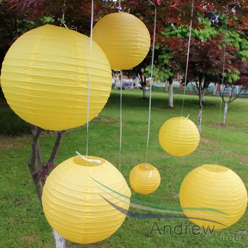 

HAOCHU 7pcs/set Mixed Sizes(10cm-40cm) Yellow Color Paper Lanterns for wedding party decorations round paper lantern cheap sale!