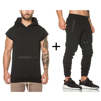 

2019 Mens Gyms Sportswear Suit Tight Workout Elasticity Casual Sleeveless Hoodies+Pants Cotton Trainings Fitness SportSuit