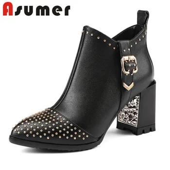 

ASUMER FASHION 2020 unique pointed toe ankle boots for women classic black adult high heels boots zip sexy genuine leather boots