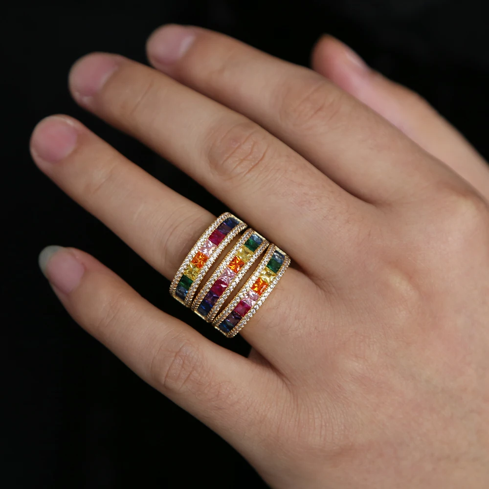 Дизайн золотая, радужная cz браслет кольцо Набор для женщин красочный кубический цирконий модный Европейский женский ювелирный набор