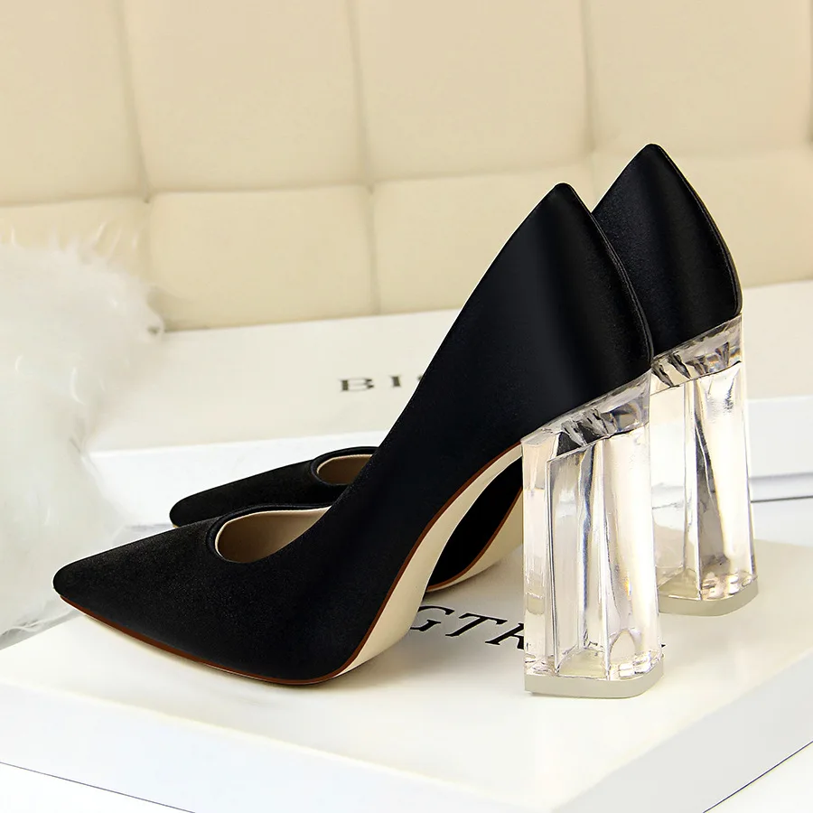 2018 Plus Size 43 Women Block 10cm High Heels Lady Scarpins Green Satin Pumps Female Wedding Yellow Blue Silk Transparent Shoes