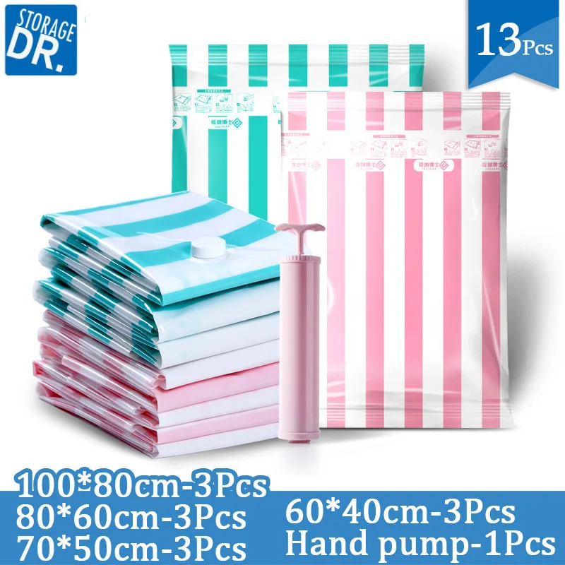

13 Pcs Includes Hand Pump Vacuum Compression Bags Set, 3 Big 3 Medium 3 Small 3 Hand Rolls Compression Pumping Air Blanket Bag