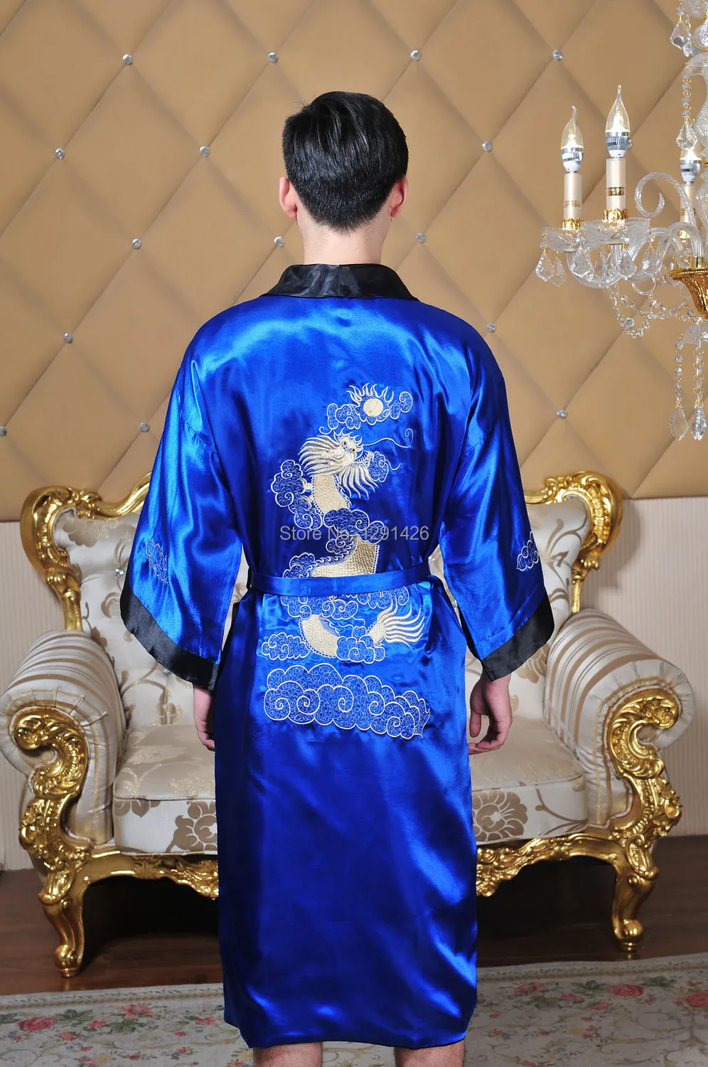 Бесплатная доставка! реверсивный дважды лицо китайский Для мужчин Silk вышивает дракон халат платье с поясом M, L, XL, XXL, XXXL MR004