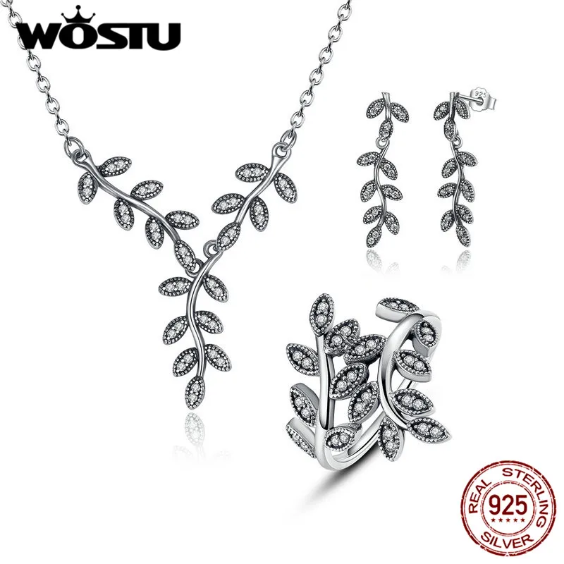 

WOSTU Authentic 925 Sterling Silver Vintage Sparkling Leaves Shape Cubic Zirconia Jewelry Sets Wedding Women Accessories XCS010