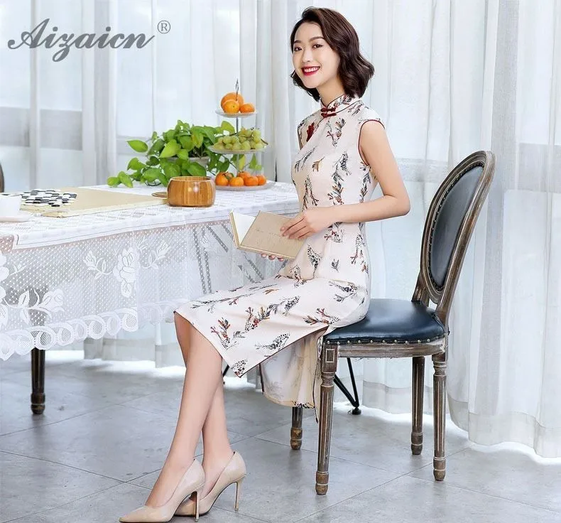 Новинка 2019 года розовый Cheongsam хлопок льняной с принтом туалетный модное платье шелк современный Qipao для женщин Традиционный китайский