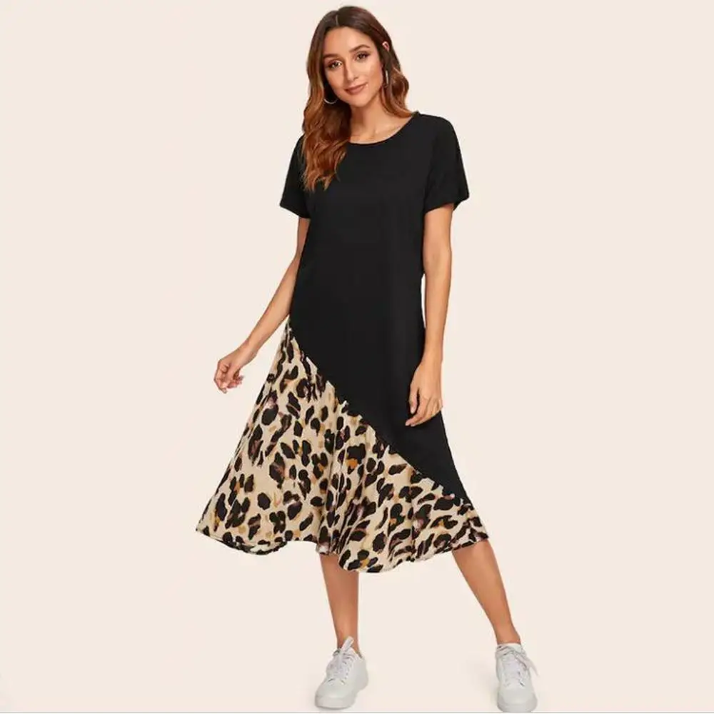

SanHuaZ 2019 Summer Women's Dresses Casual Party Beach O-neck Short Sleeve Leopard Loose Women Long Dresses