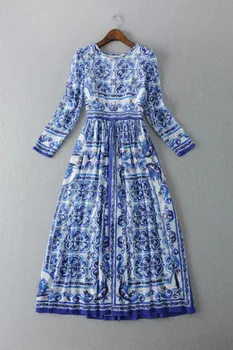 

Drop Shipping Women Long Dress 2019 Spring Summer Vintage Porcelain Print Elegant Party Evening Maxi Vestidos Dresses Long Beach