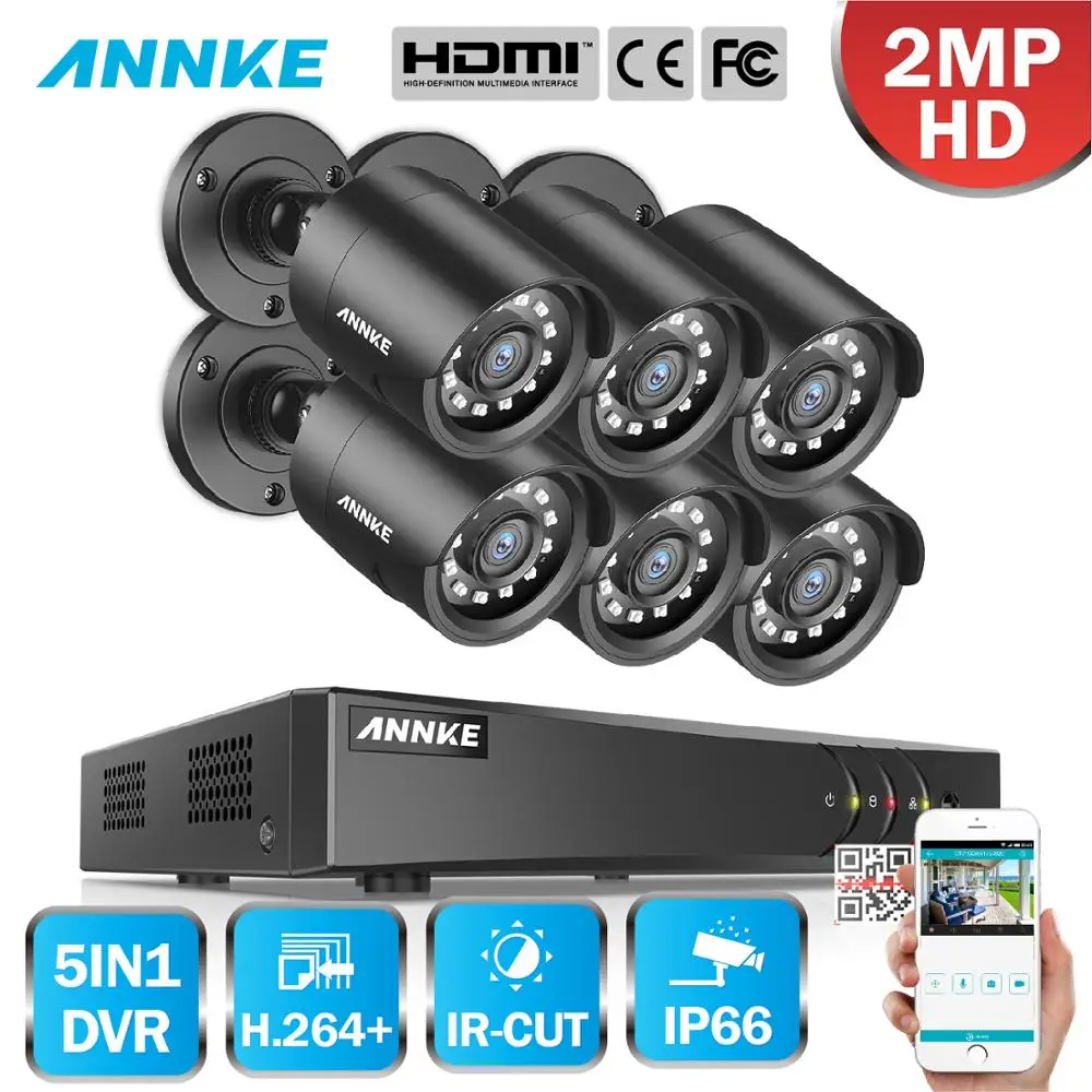ANNKE 8CH HD 1080P видео безопасности Системы 1080N H.264+ 5in1 DVR с 6X2 Мп TVI цилиндрическая водонепроницаемые внешние Камера комплект домашнего видеонаблюдения