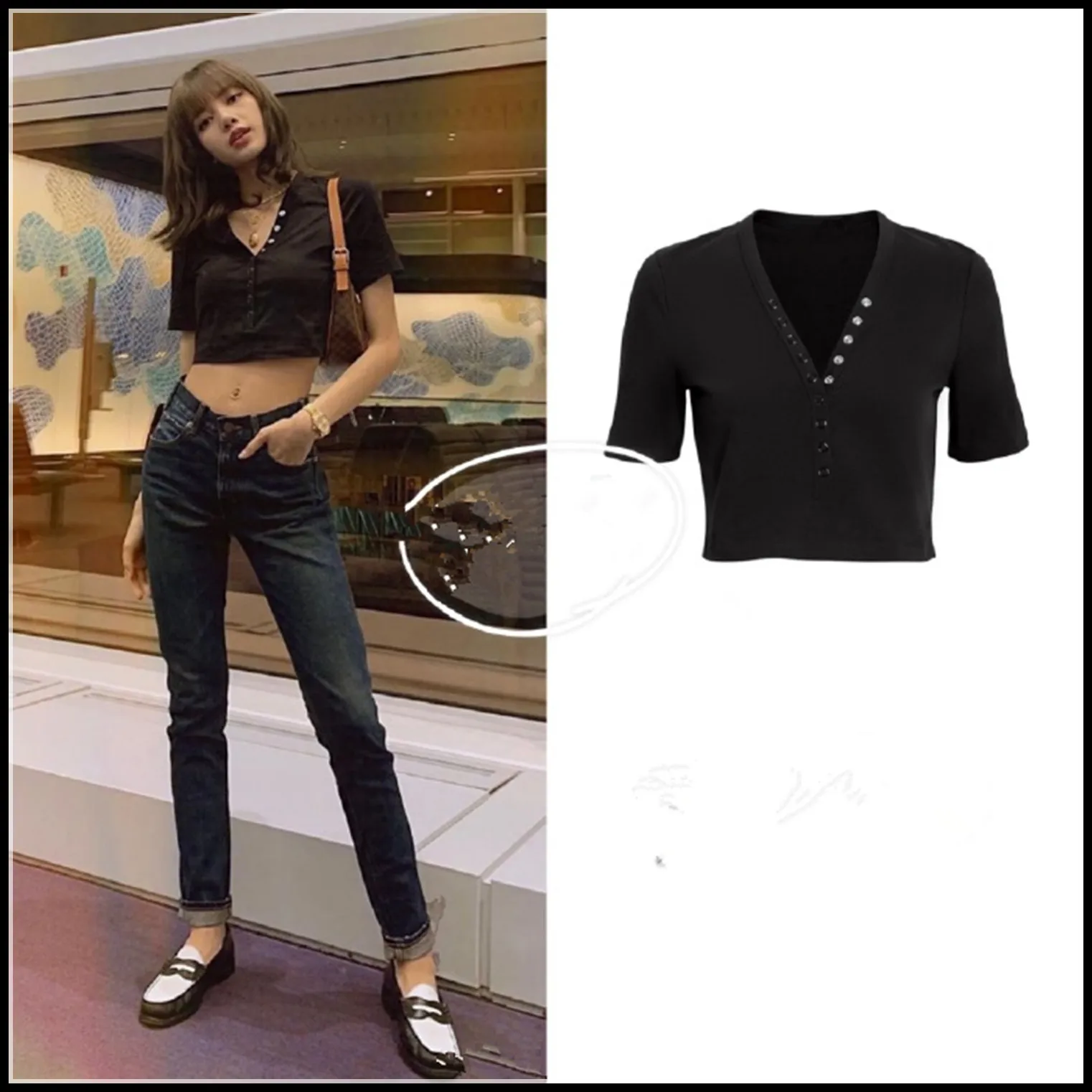

kpop Blackpink LISA same slim tees short-sleeve V-neck T shirt women summer korean streetwear tops girl temperament short tshirt
