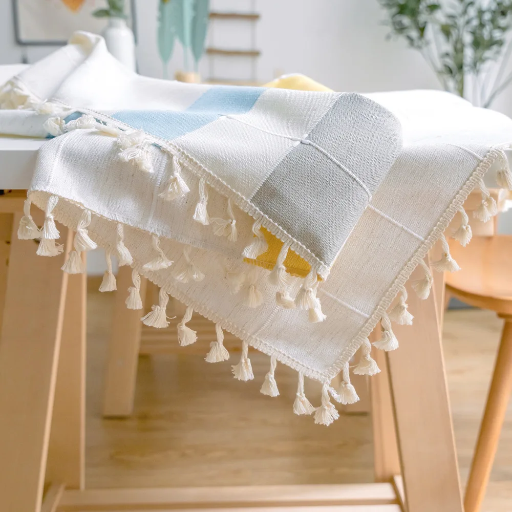 Modern Simple Christmas Tablecloth Yellow Plaid Woven Striped Stitching Table Cloth Lace Pendant De