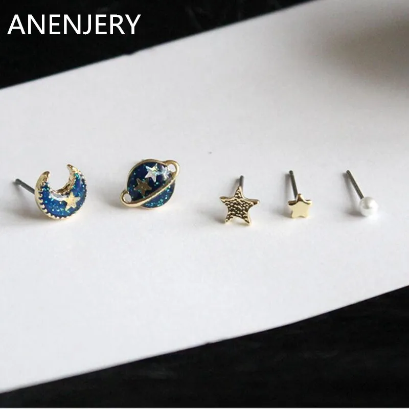 

Anenjery Brand Fashion 5PCS/Set Upscale Universe Planet Moon Star Imitation Pearl Mini Stud Earrings Set brincos pendientes E358