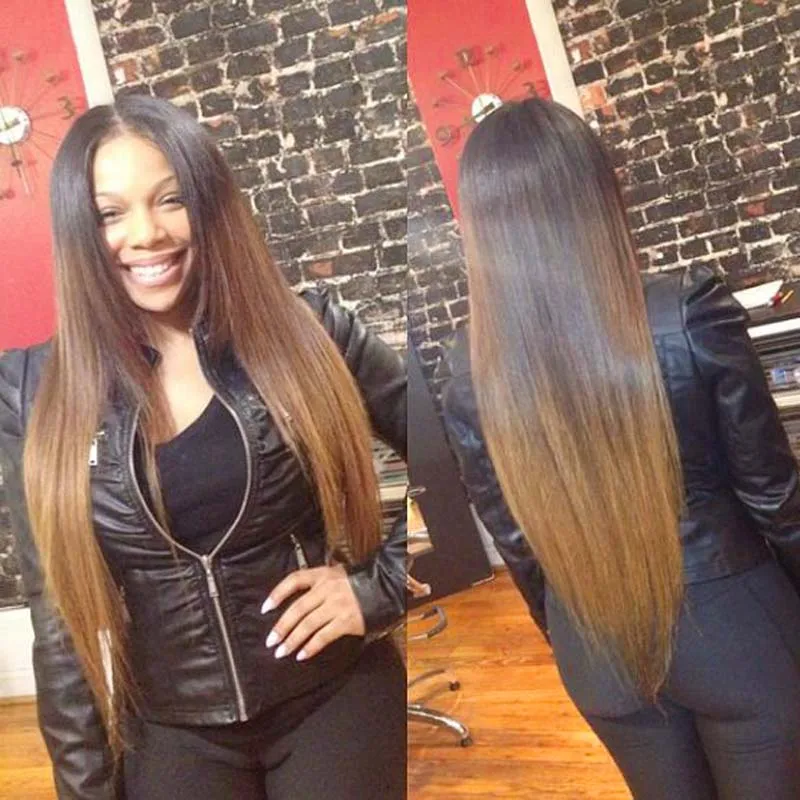 

Fashion Long Straight Two Tones Color Black/Brown Synthetic Lace Front Wig Ombre Silk Straight Synthetic Front Lace Glueless Wig