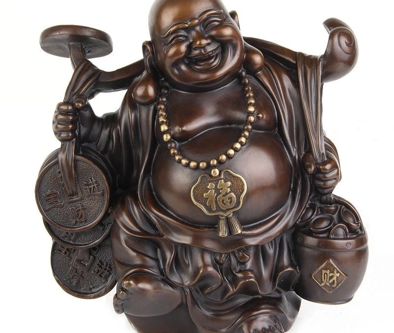 

11 China Old Bronze Yuanbao Wealth Money Ruyi Happy Laugh Maitreya Buddha Statue