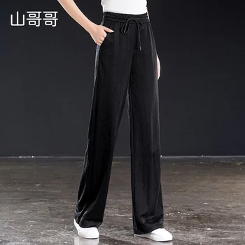 

Shangege 2019 Summer Black Women Full Length Loose Straight Wide Leg Pants Elasticity High Waist Sashes Plust Size 4XL 5XL 6XL