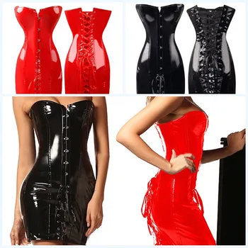 

1PC Black Red Female Sexy PU Leather Corset Gothic Dress Shiny Boned Bustier Top Clubwear Dress For Women S-XXXL