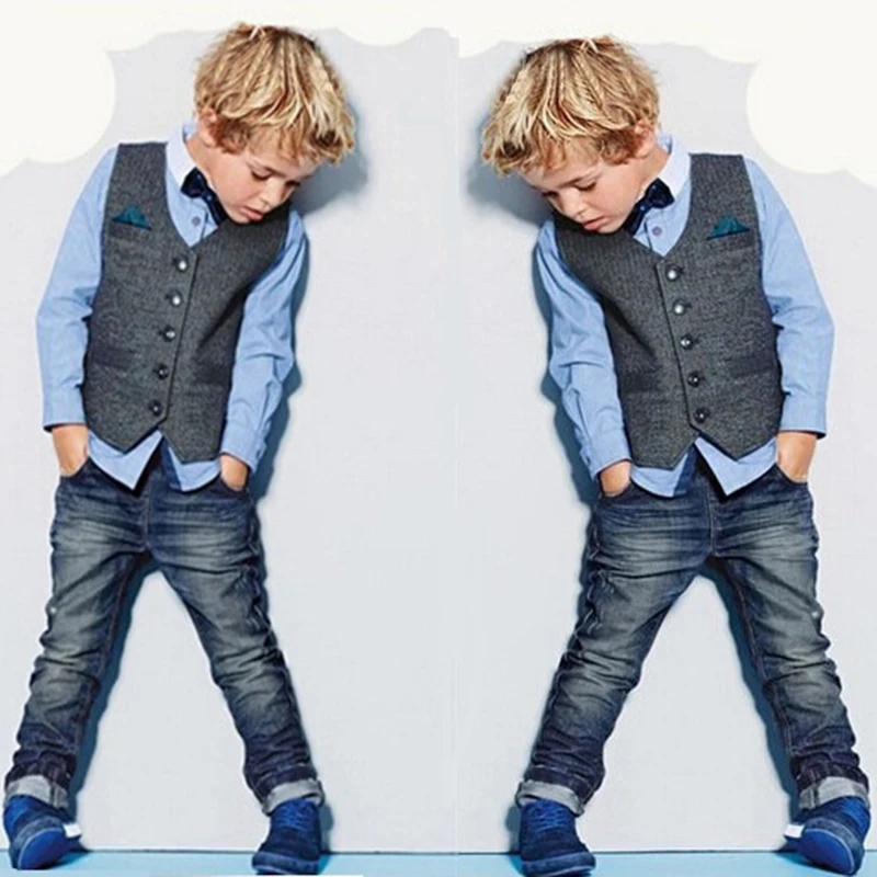 New Boys Gentleman Set Formal Vest + Blouse + Jeans 3pcs Clothing Sets