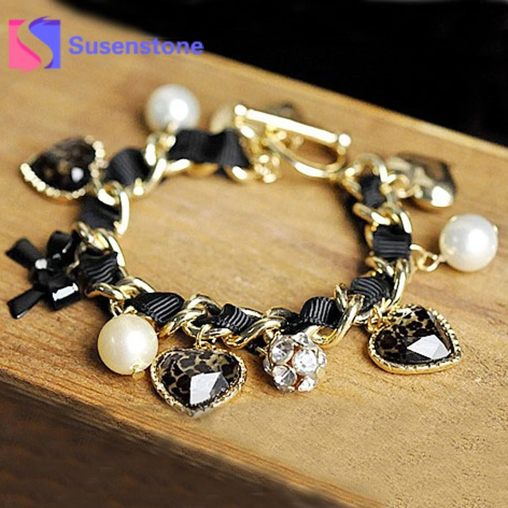 

2019 Unique Design Black Chain Bracelets Charm Leopard Heart Pearl Bow Crystal Handmade Bracelets Gift Womens Jewelry Wholesale