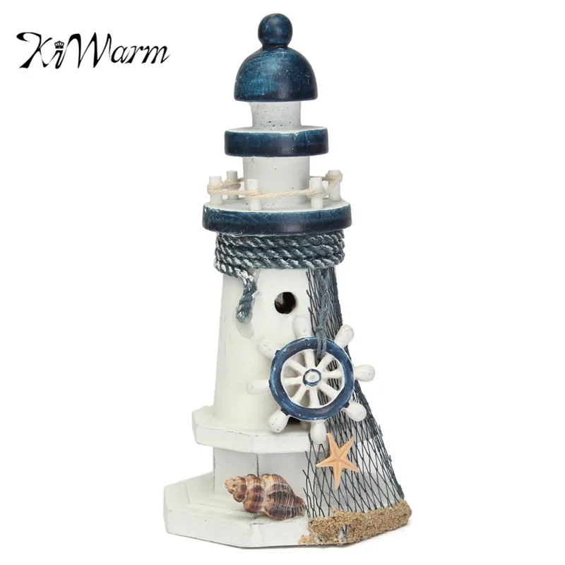 

KiWarm Fashion Handmade Wooden Mediterranean Lighthouse Light Tower Fishing Net Star Fish Shells Lifebuoy For Home Decor Crafts