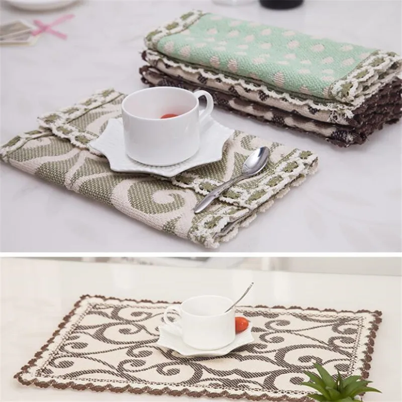 

High Quality Cotton Linen Fabric Lace Type Placemat Table Mat Creative Western Food Mat Rectangular non-slip Cup Mat Disc Pad