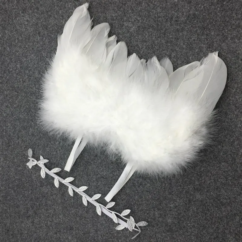 

2PCs/Set Newborn Girl Toddler photo suit Clothes Baby Angel Feather+Leaf headband Boy Clothing Photography props Set 4 Colors
