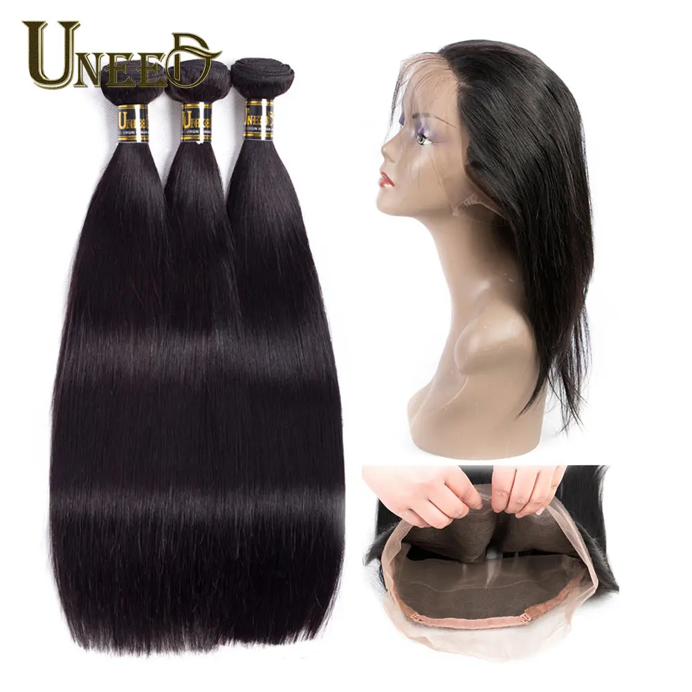 Uneed Hair Pre Plucked 360 Lace Frontal With Bundle Peruvian Straight Hair Bundles With Frontal Human Hair Bundles With Closure