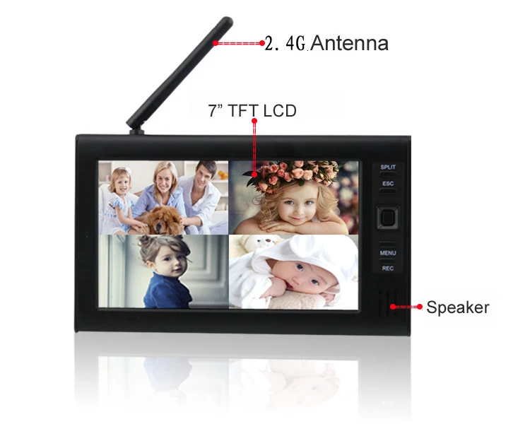 2.4Ghz Wireless Baby Monitor Kit Concluding 4Ch Digital Waterproof Bullet Camera and 7inch TFT LCD Monitor with QUAD Display_8