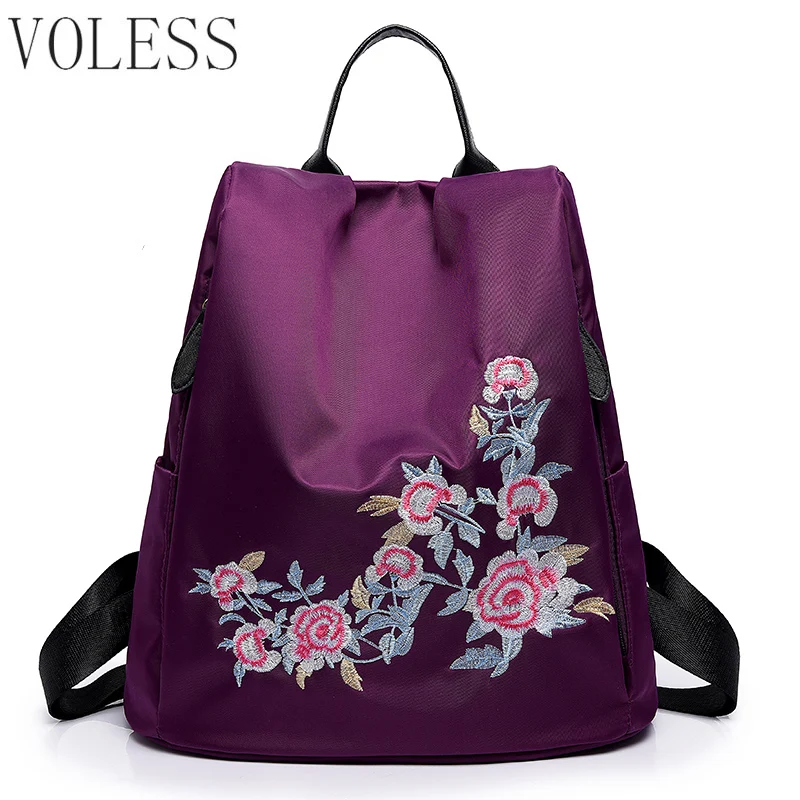 Flower Waterproof Backpacks for Women Nylon Embroidery Ladies School