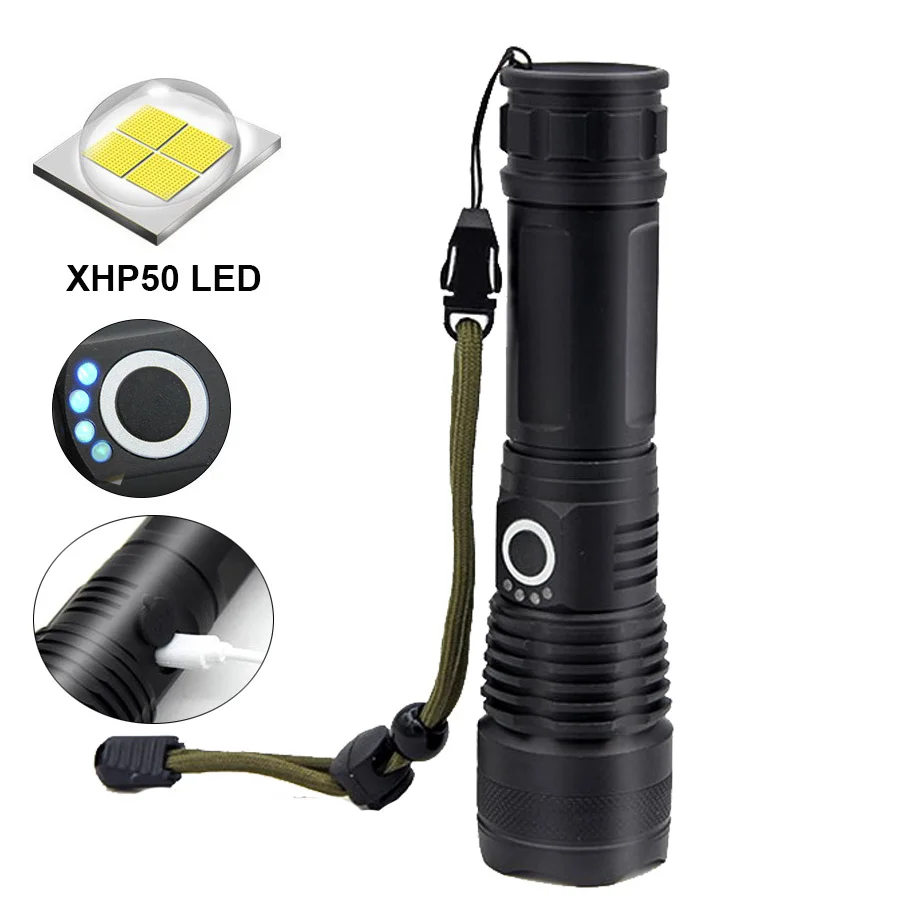 

Outdoor LED Flashlight 18650 Cree XHP50 5 Modes 3000lm Lamp Torch USB Charging Flashlight 26650 lantern with indicator light